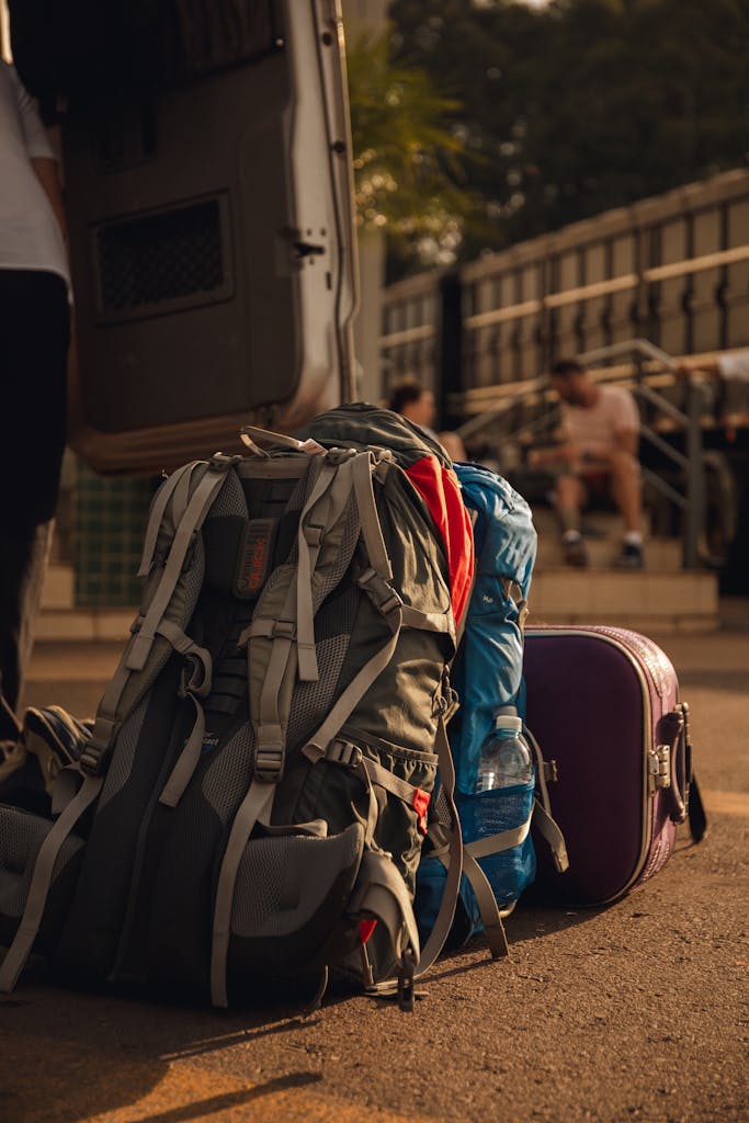 Backpacks and luggage ready for an outdoor travel adventure, capturing the spirit of exploration.